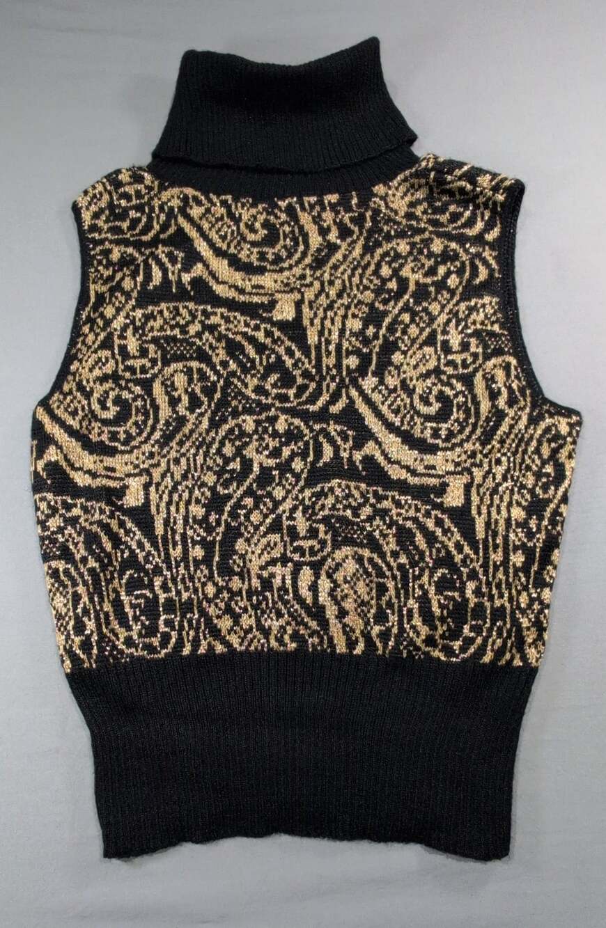 Vintage TJ Turtleneck Sleeveless Sweater Size L Black Gold Paisley Knit Evening